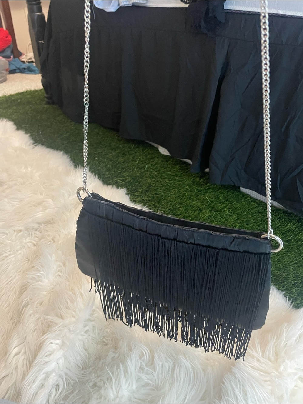 La Regale Black Fringe Clutch with Silver Chain
